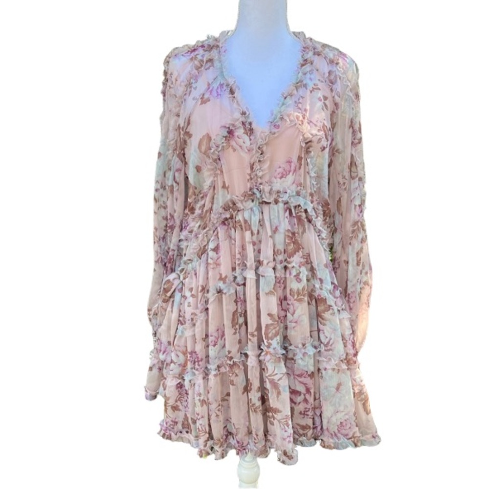 O.P.T.  tiered Chiffon pastel-hued floral mini dress